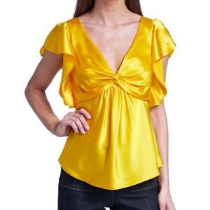 Cinq a Sept Yellow Silk Flutter Sleeve Twist Front Blouse Top XS